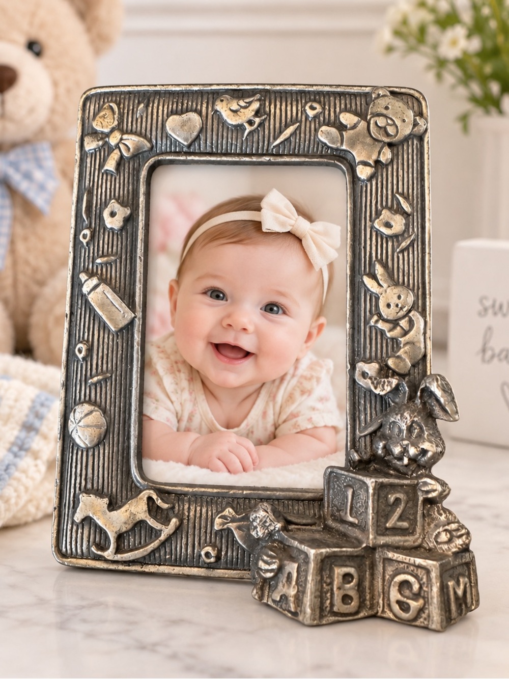Vintage Pewter Baby Picture Frame 1.5 x 2.5 inch Photo 3D